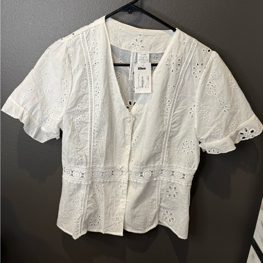 White Eyelet Button-Front Blouse - Women 100%Cotton